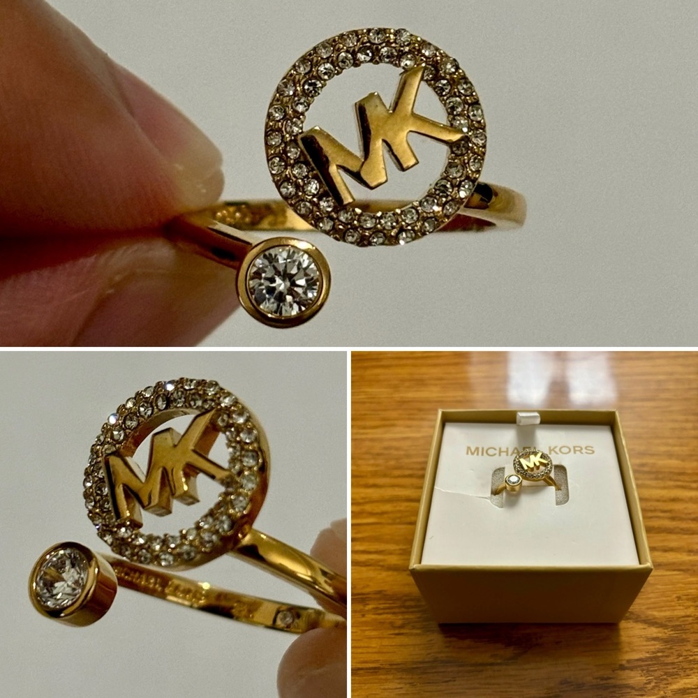Michael Kors Gold-Tone Encircled Logo Open Ring Size 8